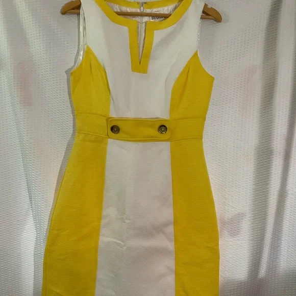 Studio Y Yellow and White Sheath Mini Dress Plunge Neckline - Picture 4 of 4